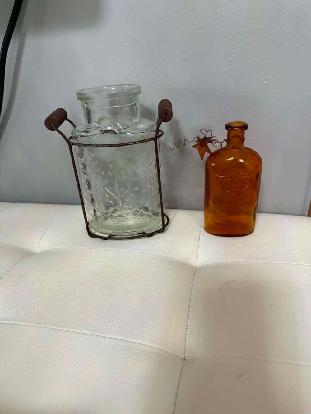 Vintage Amber Glass Bottles & Glass Vase Metal Stand